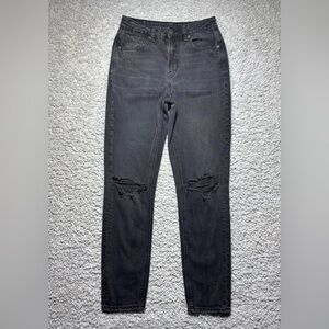American Eagle Jeans Womens 2 Long Mom High Rise Stretch Black Distressed Grunge